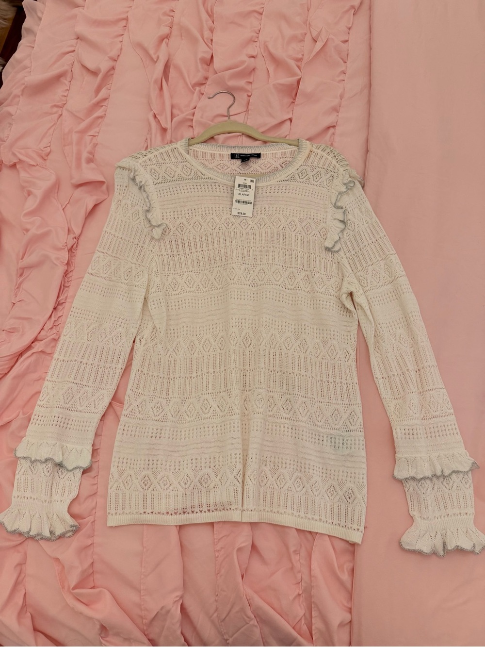 INC International Concepts Cream Lace-Knit Ruffle Long-Sleeve Top - Picture 2 of 5
